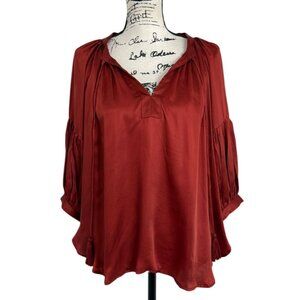 Alamwar Sundance Womens Top Rust Red Satin Boho 3/4 Sleeves & Tassel Neck Size M